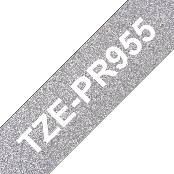Brother Tze-Pr955 Original Brother Tape 24Mm. Hvid Tekst / Sølv Glimmertape (Laminerede) 8 M. Pr. Rl. Brother Tze-Tape Og Satinbånd
